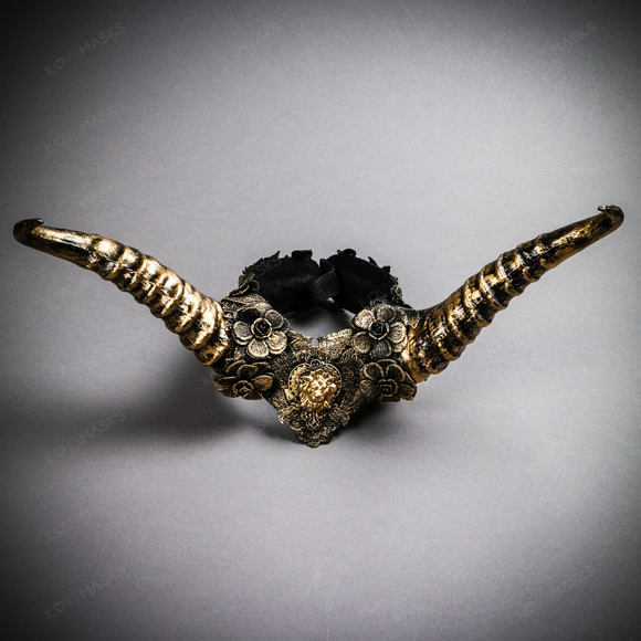 Gothic Demon Long Horn with Lace Head Piece - Black Gold - Picture 1 of 5